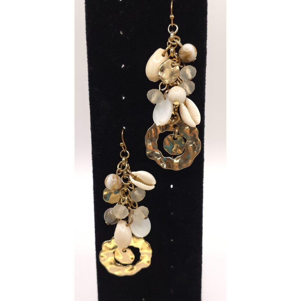 Bohemian Style Gold Tone Seashell & Bead Dangle Earrings - Picture 2 of 8